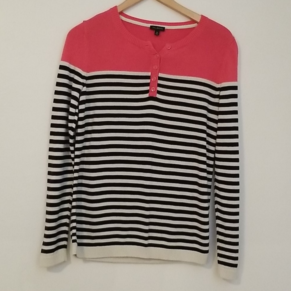 Talbots Striped Hot Pink Black Cotton Rayon Crew Neck Sweater Top sz M